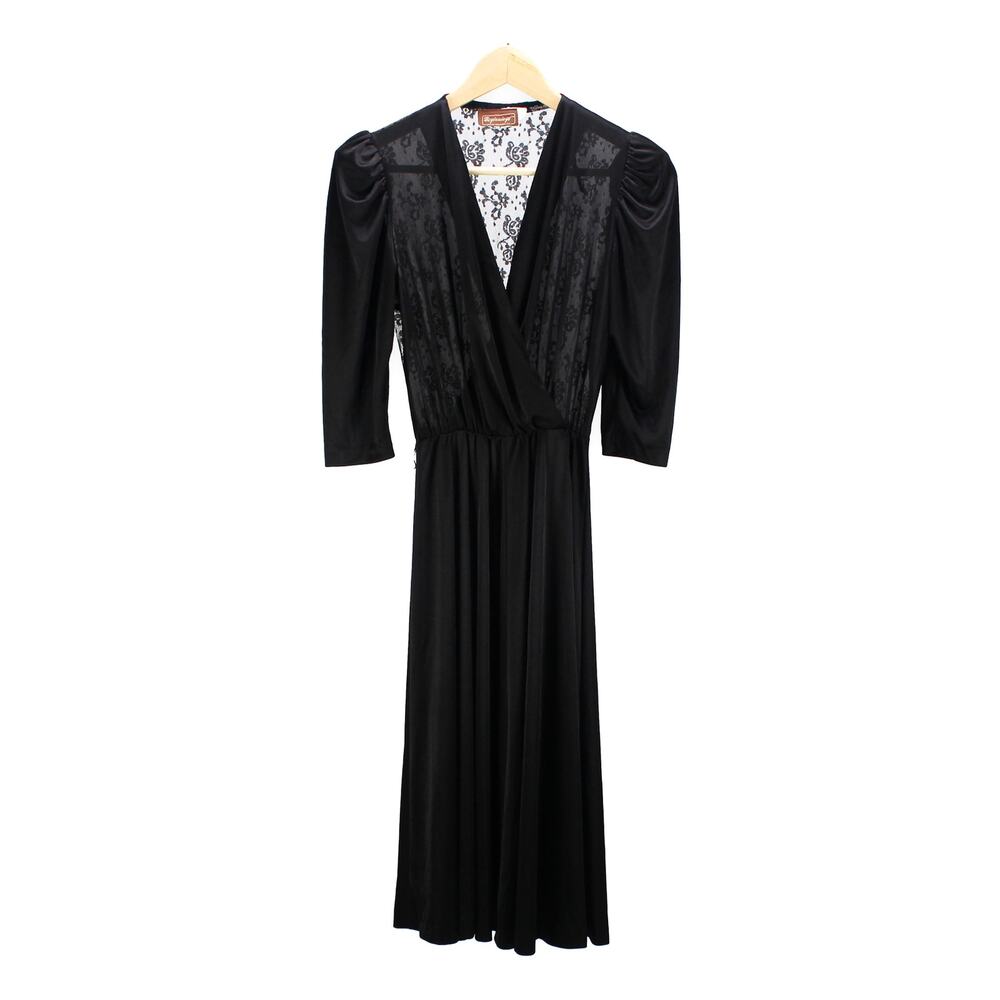 Vintage Black Dress - Satin & Lace Long Sleeve Dress - 80s Vintage - Size Small